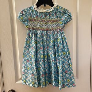 Mini Boden Blue Floral Puff Sleeve Smocked Dress Lace Collar Girls Size 5-6